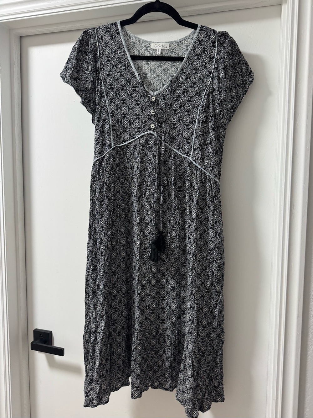 Black Patterned V-Neck Midi Dress with Tassel Tie